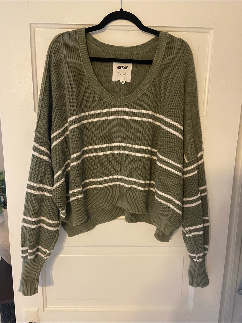 aerie Olive Green & White Striped Cropped Waffle Sweater